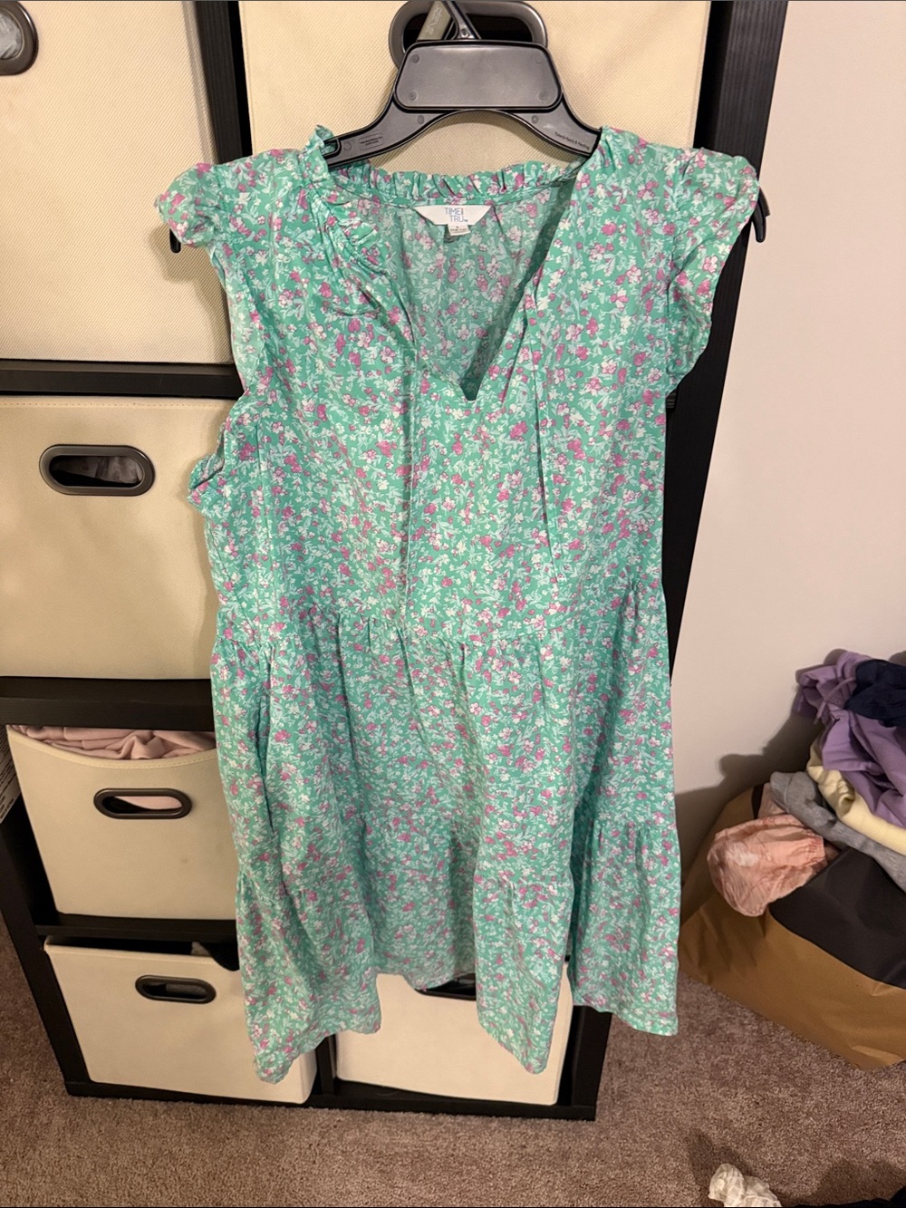 Time and Tru Mint Green Floral Midi Dress with Pink Accents